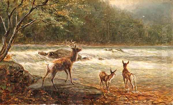 Deer Crossing the Stream Oil Painting by William de la Montagne Cary