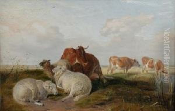 Sheep And Cattle In A Marshland Landscape By A Pond Oil Painting by Charles Jones