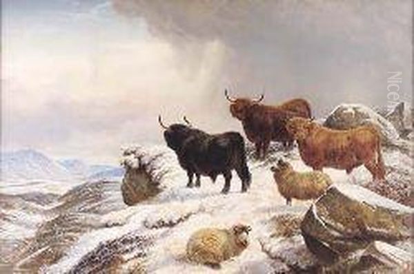 Highland Cattle And Sheep In A Snow Covered Highlandlandscape Oil Painting by Charles Jones