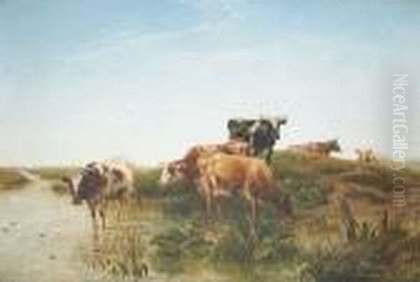 Cows Watering In An Extensive Landscape Oil Painting by Charles Jones