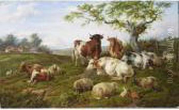 Resting Cattle, Sheep And Deer, A Farm Beyond Oil Painting by Charles Jones