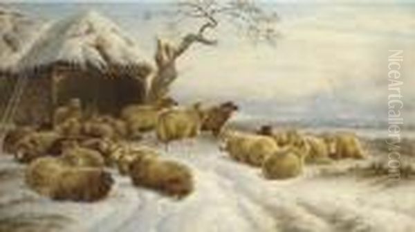 Sheep In A Winter Landscape Oil Painting by Charles Jones