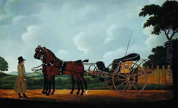 A Gentleman with his Pair of Bays Harnessed to a Curricle Oil Painting by John Cordrey