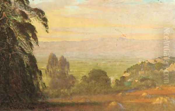 Haystacks at dusk, the mountains beyond; and A flock of seagulls at the shore Oil Painting by Walter I. Cox