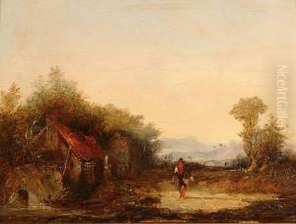 A Figure With A Dog Beside A Watermill Oil Painting by George Jones