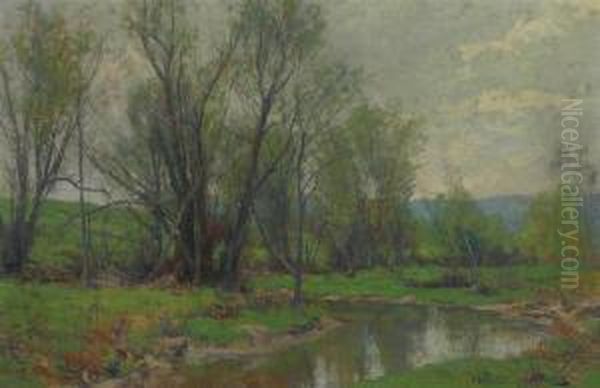 A Meadow Stream Oil Painting by Hugh Bolton Jones