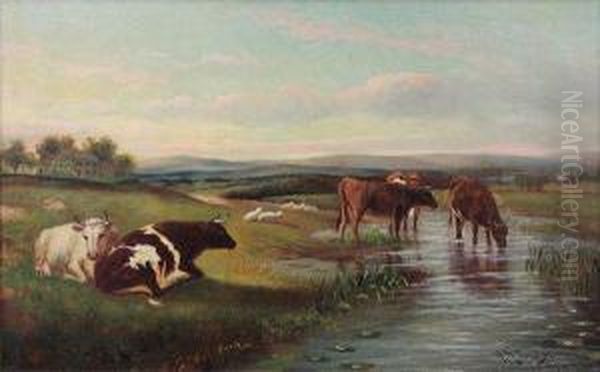 Cows By A Stream Oil Painting by Hugh Bolton Jones