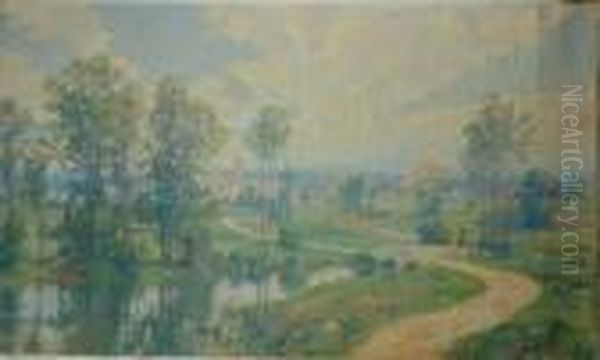 Extensive River Landscape With Village Beyond Oil Painting by Hugh Bolton Jones