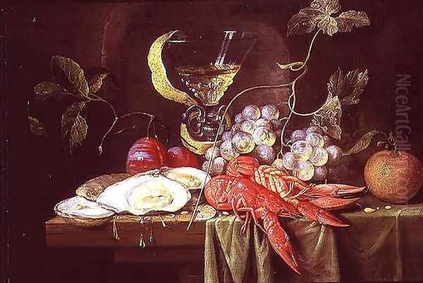 Still life with lobster, oysters and fruit Oil Painting by Alexander Coosemans