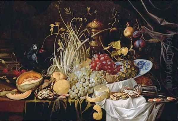 A Dutch Delft blue and white bowl with grapes, prawns on a pewter plate, crabs, a partly-peeled lemon and a melon on a partly-draped table Oil Painting by Alexander Coosemans