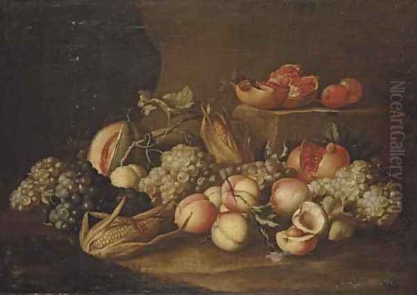 Peaches, grapes, corn on the cob, pomegranates and a melon on a stone floor Oil Painting by Alexander Coosemans