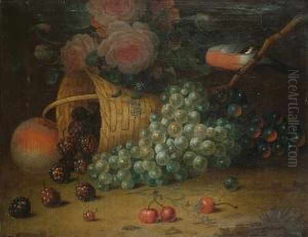 Still Life Of Grapes, Peaches, Blackberries, Cherries, Roses And A Bullfinch Oil Painting by William Jones Of Bath