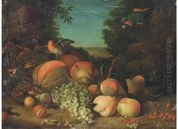 Still Life Of Grapes, Peaches, 
Plums, Berries And A Melon, With Arobin And Parrot To The Side Oil Painting by William Jones Of Bath