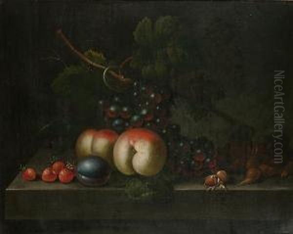 Grapes, Peaches, A Plum, Strawberries And Cobb Nutson On A Ledge Oil Painting by William Jones Of Bath