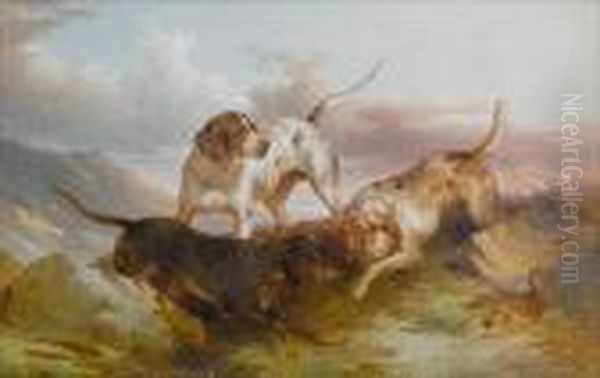 Pointers Stalking A Grouse Oil Painting by Paul Jones