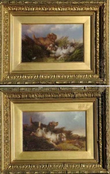 5 1/2in. X 9in. On Panels 
Terriers Pursuing Rabbits And Retrievers With Waterfowl One Signed. See 
Illustration Oil Painting by Paul Jones