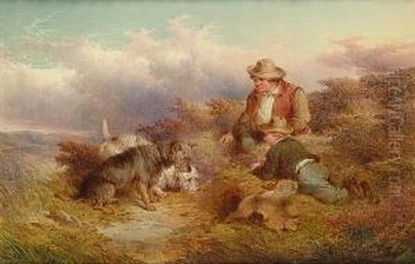 Terriers Rabbiting; Spaniels In A Landscape Oil Painting by Paul Jones