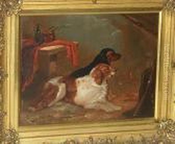 Pair Of Gun Dogs In An Interior Oil Painting by Paul Jones