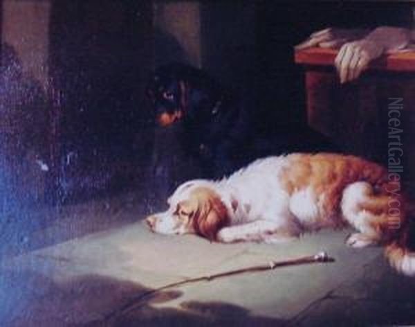 Longing For Their Master, Two Spaniels In An Interior Oil Painting by Paul Jones