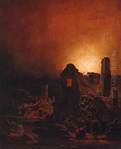 A fire in a village at night Oil Painting by Adam Colonia