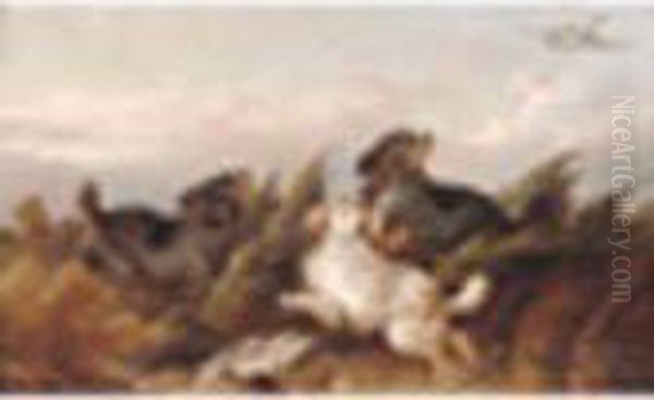 Spanielputting Up Duck; Terriers
 Rabitting A Pair, Both Signed, Oil Oncanvas Each 7 X 11in Oil Painting by Paul Jones