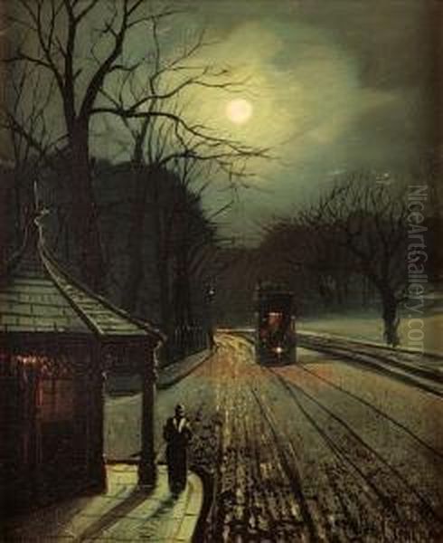 Leeds Tram In The Moonlight Oil Painting by Reginald T. Jones