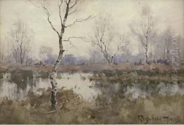 Silver Birches In A Marsh Landscape Oil Painting by Reginald T. Jones