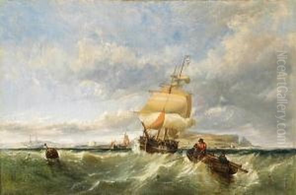 A Coastal Scene With Shipping And Figures In A Dinghy Hauling In Nets Oil Painting by Reginald T. Jones