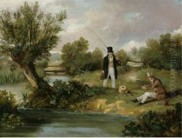 Two Gentlemen Fishing By A Stream Oil Painting by Samuel John Egbert Jones