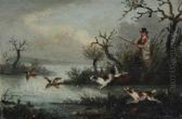 A Sportsman Out Shooting With Spaniels Oil Painting by Samuel John Egbert Jones