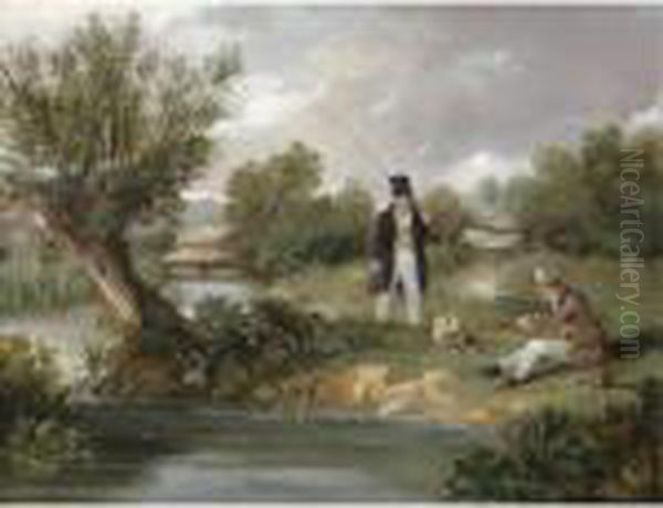 Two Gentleman Fishing By A Stream Oil Painting by Samuel John Egbert Jones