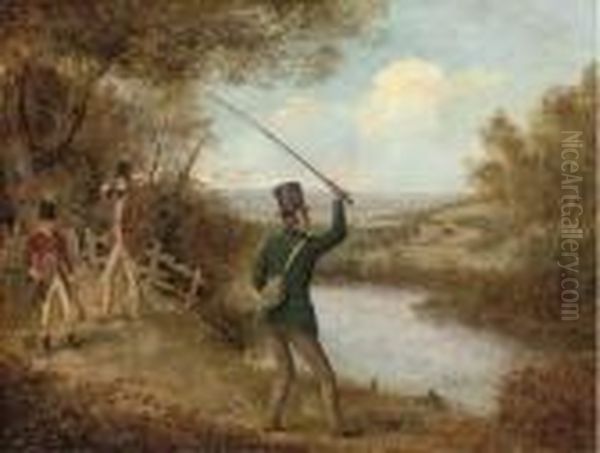 A Fly-fisherman Casting A Fly Oil Painting by Samuel John Egbert Jones