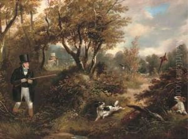 Pheasant Shooting In A Wooded Landscape Oil Painting by Samuel John Egbert Jones