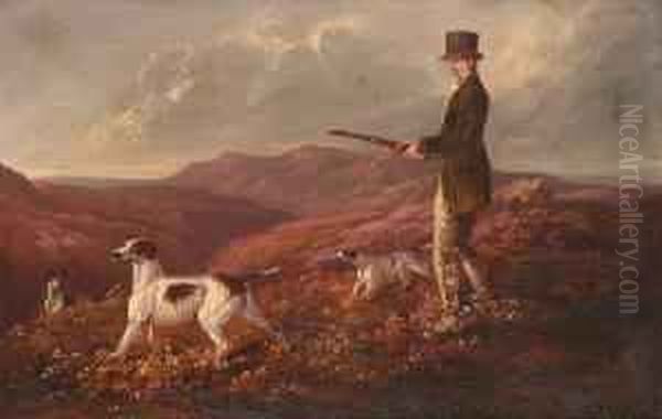 A Gentleman Shooting Over Pointers In A Moorland Landscape Oil Painting by Samuel John Egbert Jones