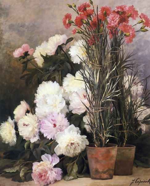 Peonies and Red Carnations Oil Painting by Jean Capeinick