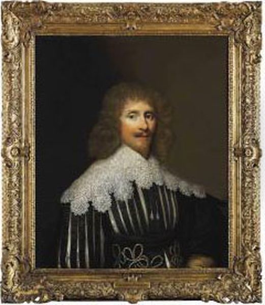 Portrait Of A Gentleman, 
Presumably Of The Wilbraham Family, Half-length, In A Black Slashed 
Doublet With A Lace Collar Oil Painting by Cornelius Janssens Van Ceulen