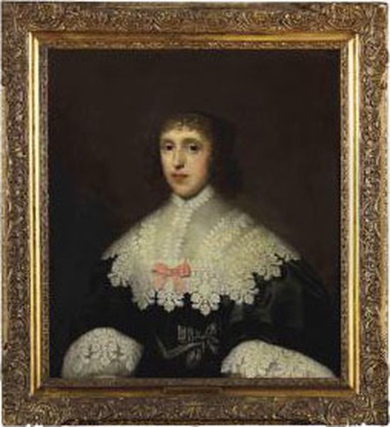 Portrait Of A Lady, Half-length, In A Black Dress With A Lace Collar And Cuffs Oil Painting by Cornelius Janssens Van Ceulen