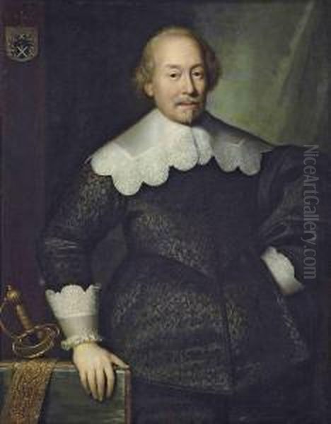 Portrait Of A Member Of The 
Hoeufft Family, Possibly Arnold Hoeufft, Of Cologne, 
Three-quarter-length, In A Black Doublet With Lace-edged Collar And 
Cuffs, His Right Hand On A Table With His Sword With The Hoeufft 
Coat-of-arms Oil Painting by Cornelius Janssens Van Ceulen