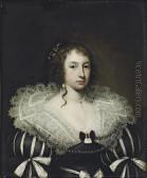 Portrait Of A Lady, Bust-length,
 In A Black-and-white Dress With A Lace Collar, With A Pearl Necklace, 
Earrings And Ribbons In Her Hair Oil Painting by Cornelius Janssens Van Ceulen