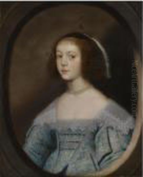 Portrait Of A Young Lady, Half 
Length, Wearing A Blue Embroidereddress And A Pearl Necklace, In A 
Painted Oval Oil Painting by Cornelius Janssens Van Ceulen