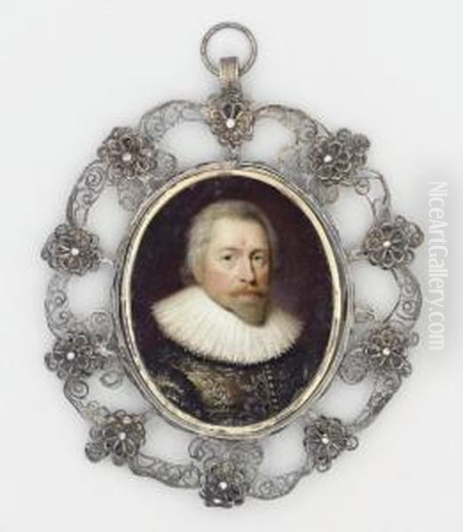 A Gentleman, In 
Silver-embroidered Grey Doublet, White Lace Ruff, Moustache And Small 
Pointed Beard Oil Painting by Cornelius Janssens Van Ceulen