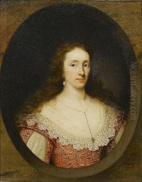 Portrait Of A Lady Of The 
Chetwynd Family, Bust-length, In A Red Brocade Dress With Lace Trim, A 
Miniature With Her Coat-of-arms Hanging From Her Neck, In A Painted Oval
 With A Marble Surround Oil Painting by Cornelius Janssens Van Ceulen