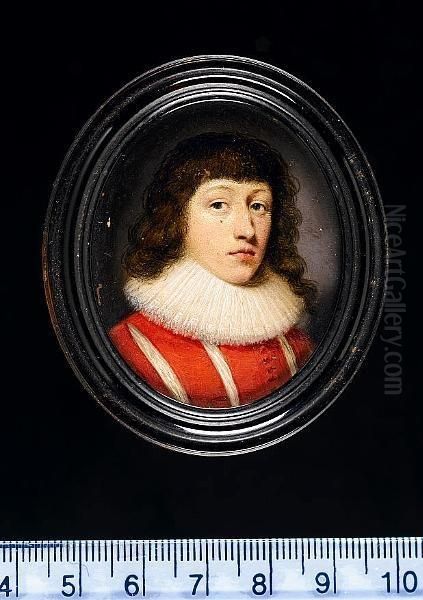 Thomas Wentworth, 1st Earl Of 
Strafford (1593-1641), Wearing Red Doublet Slashed To Reveal White And 
Lace Edged Falling Collar. Oil Painting by Cornelius Janssens Van Ceulen