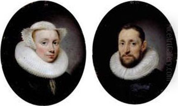 Portrait Of Theoderick Hoste 
(1588-1663), Bust-length, In A Black Doublet With A Lace Ruff; And 
Portrait Of His Wife Jane Hoste (nee Desmaistres 1596-1661), 
Bust-length, In A Black Dress With A Lace Ruff And Bonnet Oil Painting by Cornelius Janssens Van Ceulen