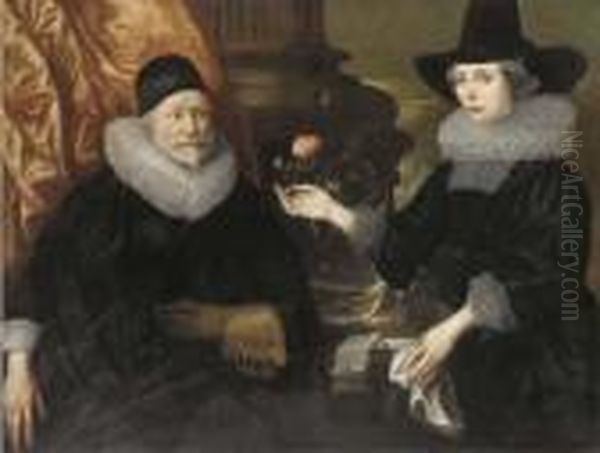 Double Portrait Of A Lady And 
Gentleman, Seated Three-quarter-length, Before A Partly-draped Column 
And A Ledge, She Offering Him A Rose In Her Right Hand Oil Painting by Cornelius Janssens Van Ceulen