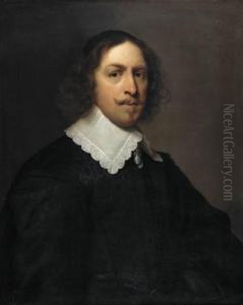 Portrait Of A Gentleman, Half-length, In An Embroidered Blackdoublet And Lace Collar Oil Painting by Cornelius Janssens Van Ceulen