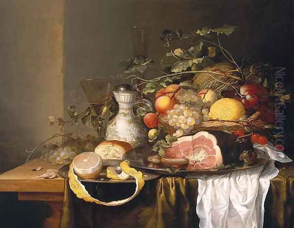 Still life with a basket of fruit and a ham Oil Painting by Laurens Craen