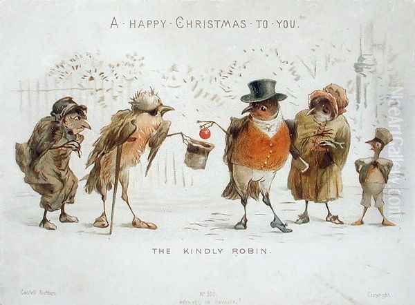 The Kindly Robin, Victorian Christmas card Oil Painting by Castell Brothers