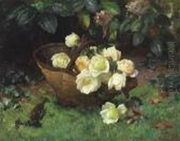 A Basket Of Yellow Roses Oil Painting by Eugene Joors