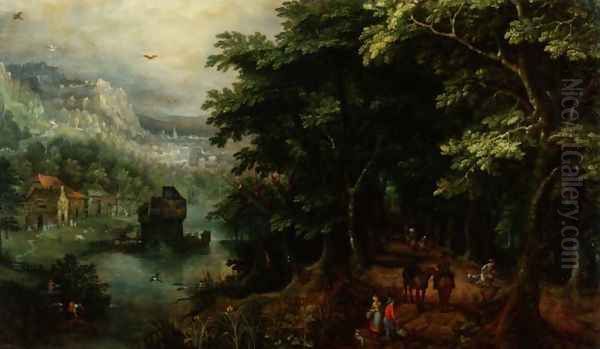 Landscape with figures in an avenue, c.1595 Oil Painting by Gillis van Coninxloo